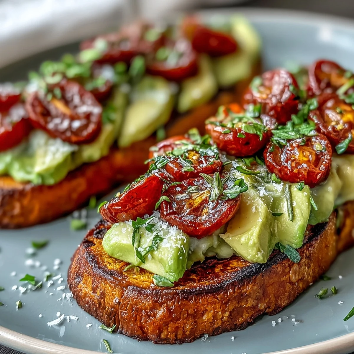 Healthy sweet potato toast featuring hummus, feta, and chili flakes with fresh herbs.