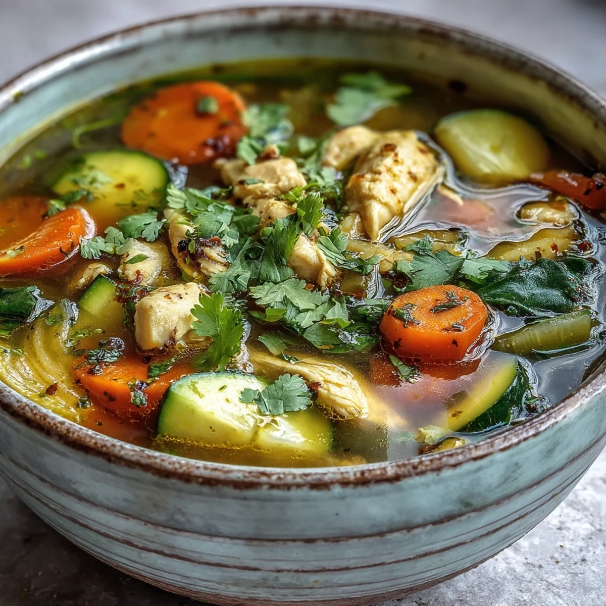 A steaming bowl of Turmeric Chicken Soup with vibrant yellow broth, diced chicken, carrots, and fresh cilantro garnish.