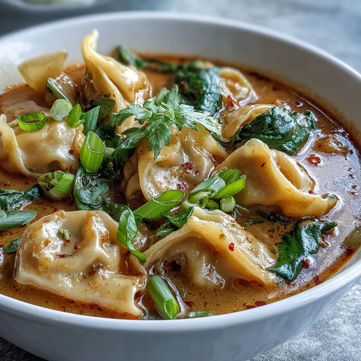 Garnished with sliced green onions and cilantro, this Red Curry Wonton Soup With Greens offers a delicious, aromatic finish to any meal.