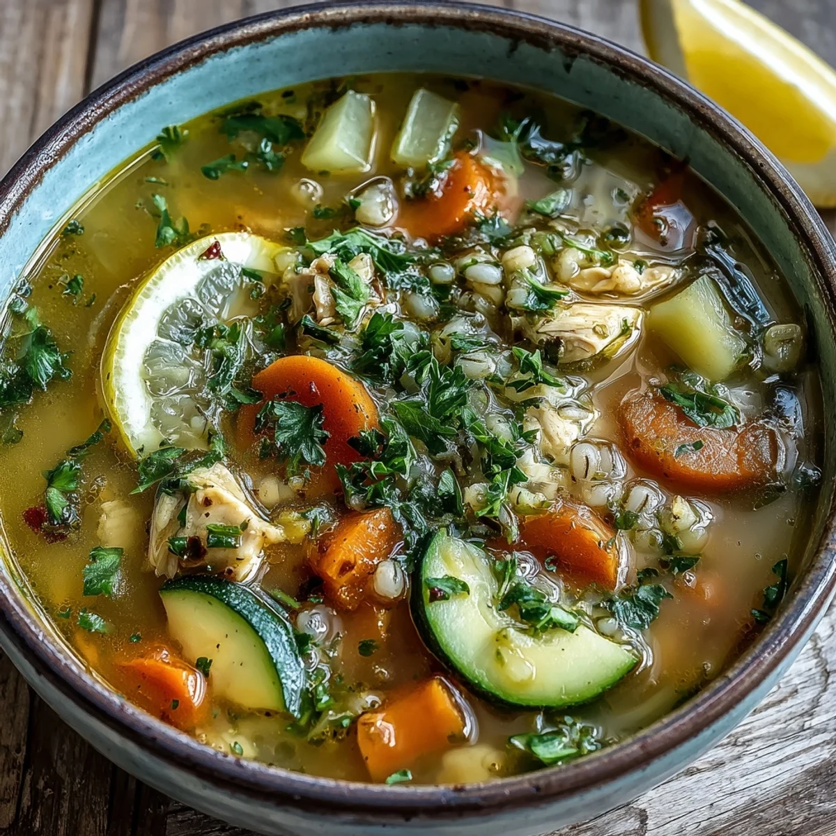 Soothing Turmeric Chicken With Pearl Barley soup steaming warmly in a rustic bowl, topped with fresh parsley and lemon wedges.