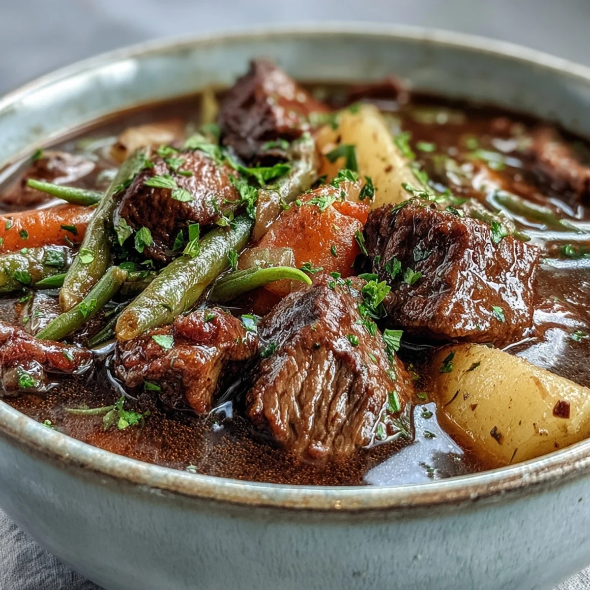 Hearty, homestyle Beef and Vegetable Soup with tender beef chunks and colorful root vegetables stewing in a Dutch oven.