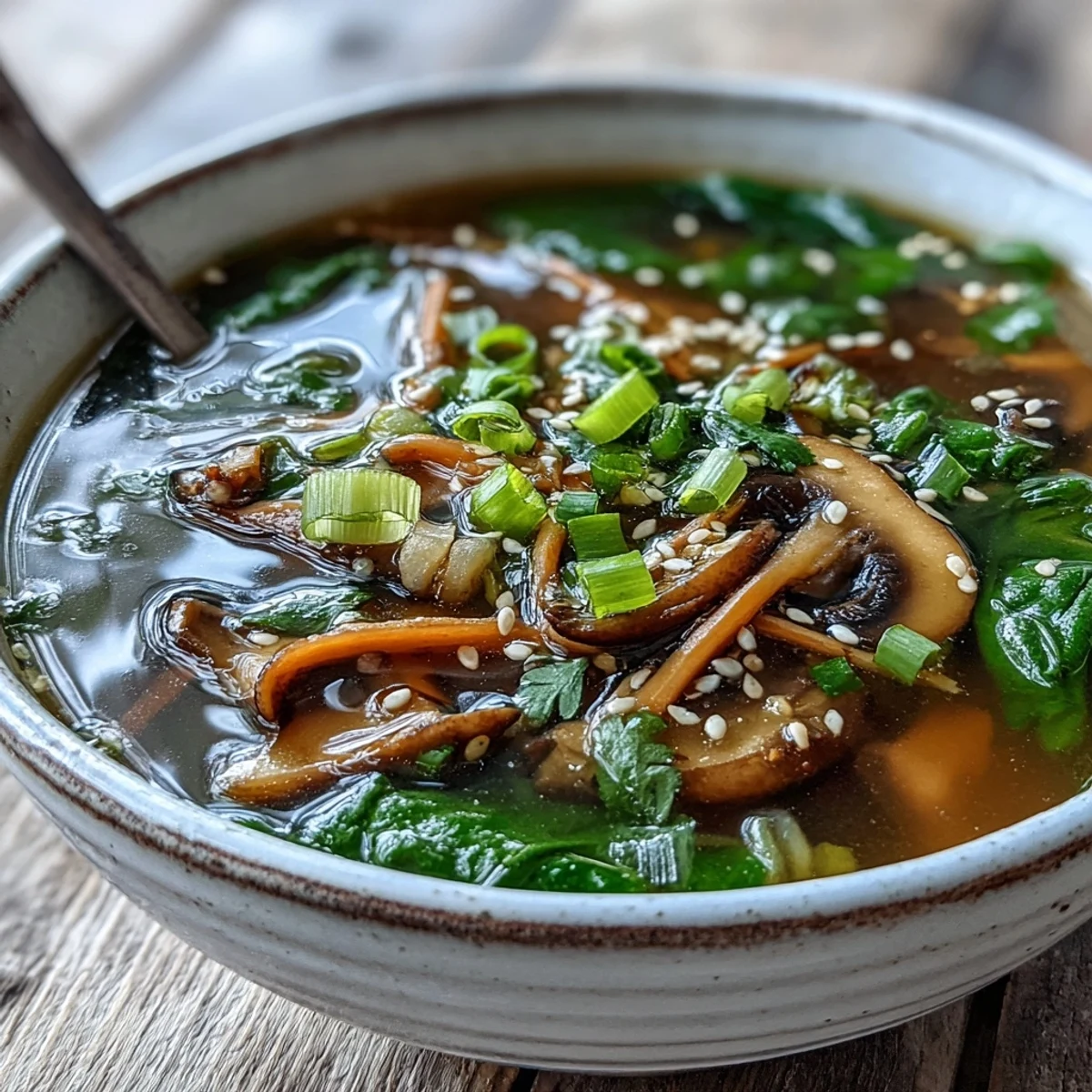 Steaming bowl of Miso Ginger Winter Soup, topped with sesame seeds and green onions, ready to enjoy.