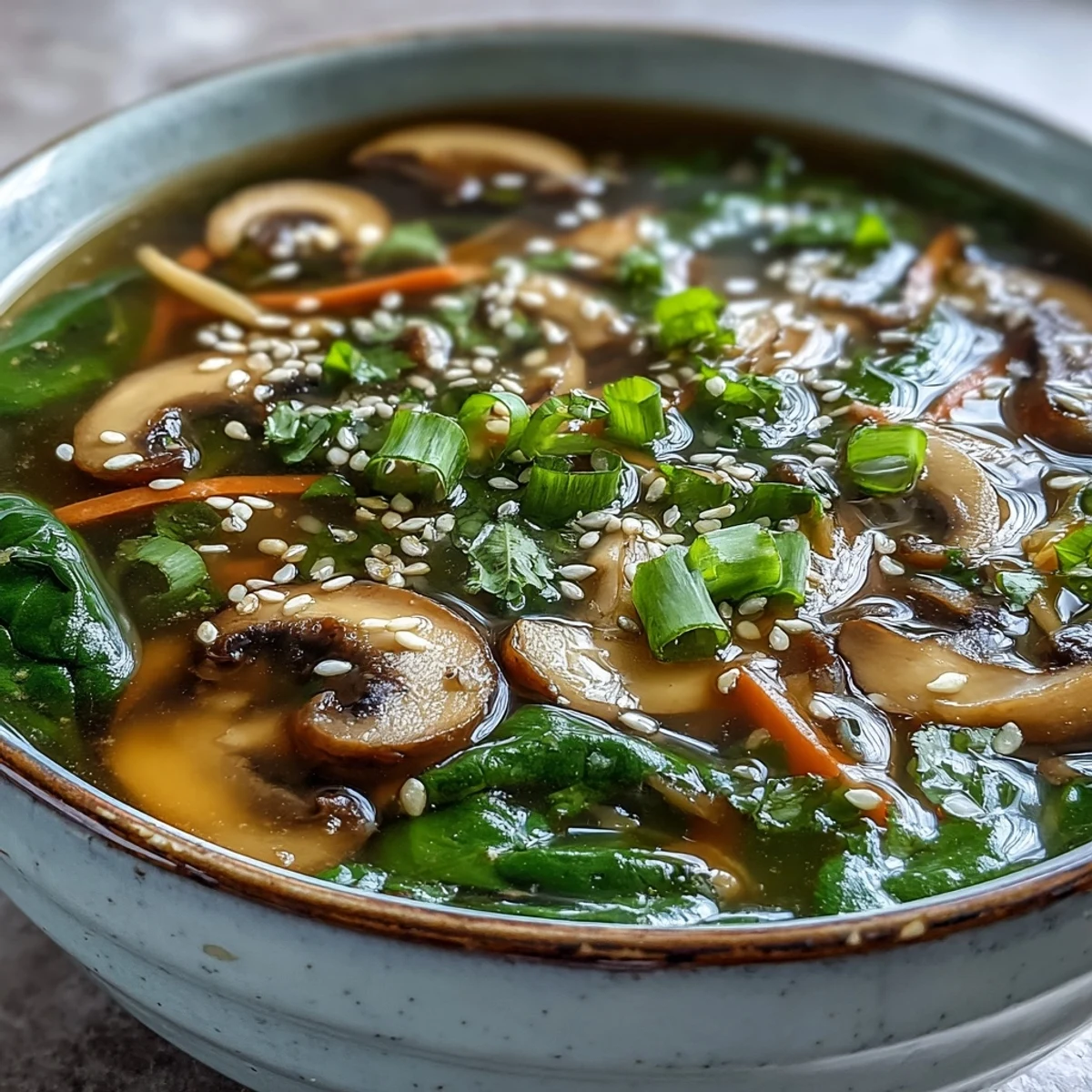 Vibrant Miso Ginger Winter Soup with shiitake mushrooms and spinach, perfect for a cozy dinner.