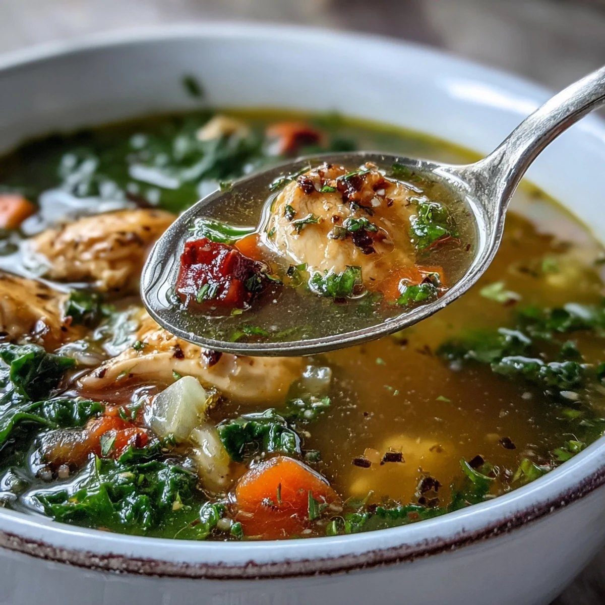 Steaming bowl of High Protein Lemon and Turmeric Chicken Soup garnished with fresh kale and lemon wedges.
