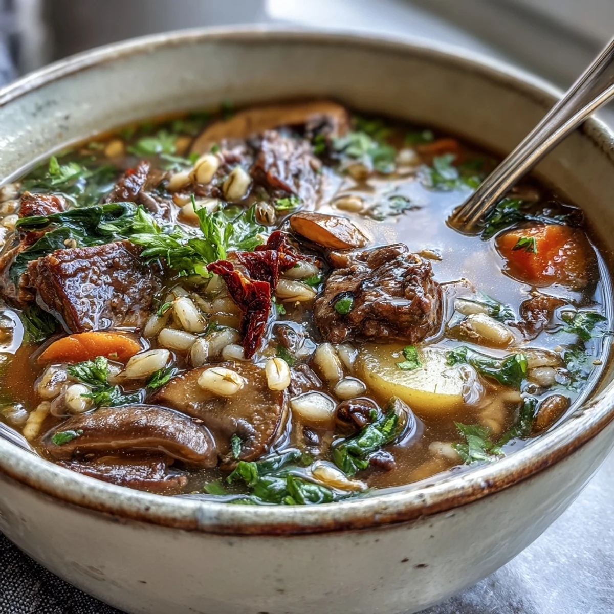 Hearty Vegetable Beef, Barley, and Mushroom Soup simmering in a pot, featuring tender beef, diced potatoes, and sliced carrots.