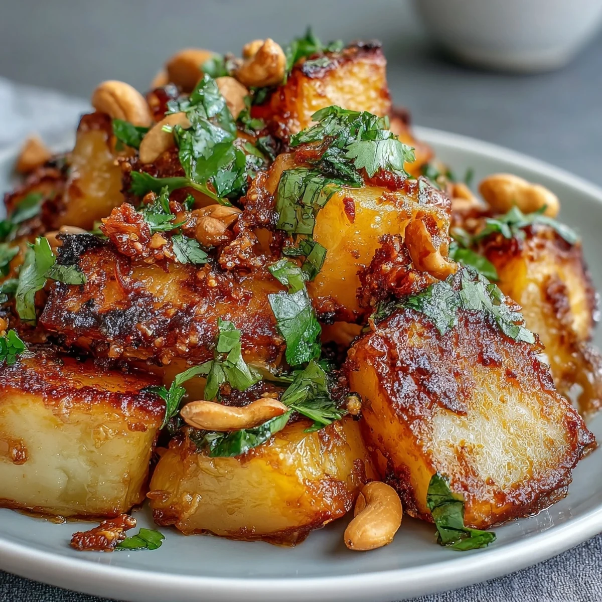 Golden roasted celeriac chunks simmer in a creamy coconut curry sauce, garnished with fresh cilantro and cashews.