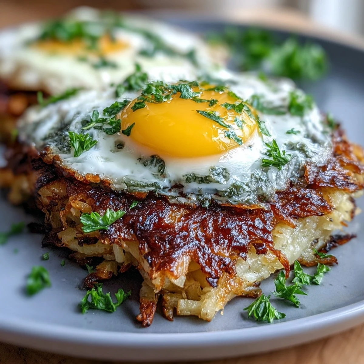 Spicy harissa yogurt and runny fried eggs contrast warmly over a golden Celeriac Rösti with Harissa Yogurt and Fried Eggs.