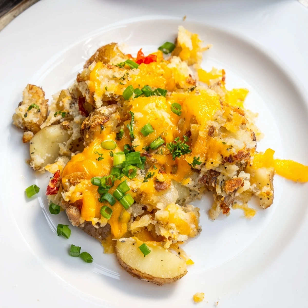 Crispy smashed green onion potato bombs topped with melted cheese and herbs.  