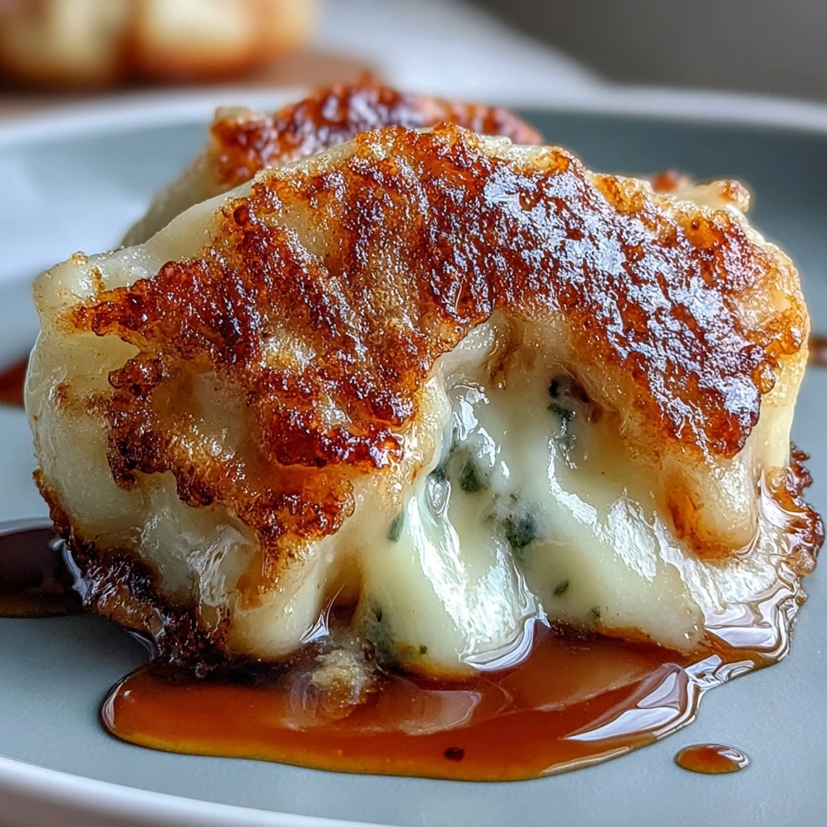 Chīzu Imomochi is pan-fried until crispy, revealing a soft potato dough and melted cheese interior.