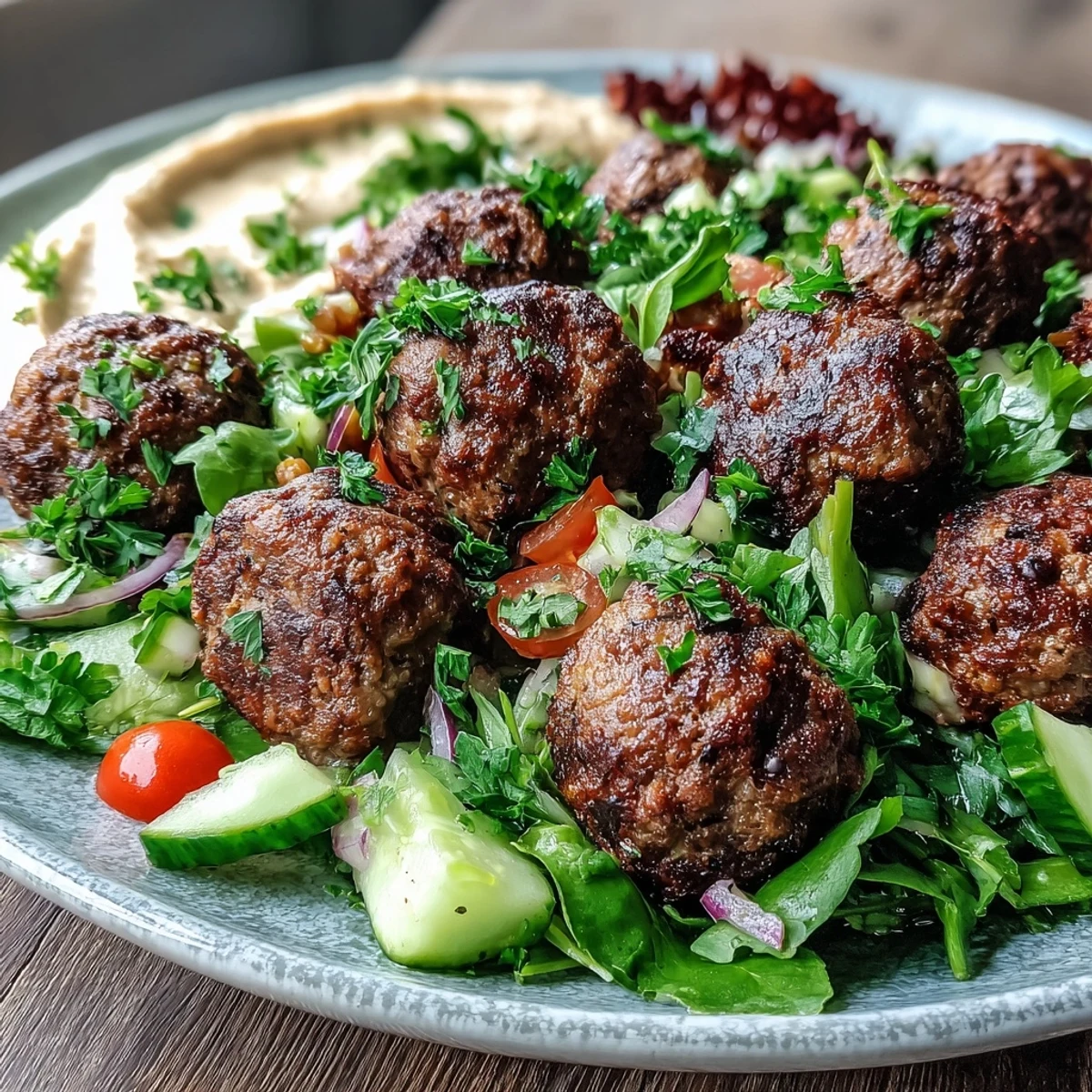 Golden-brown venison meatballs with spiced salad and creamy hummus on a rustic plate for a Mediterranean-inspired dinner.