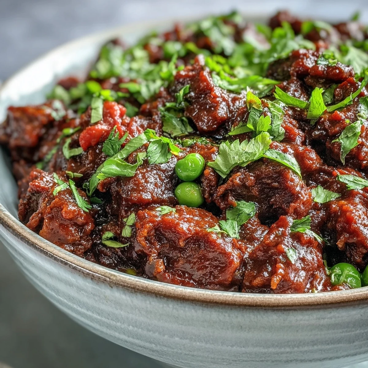 Aromatic Venison Keema Curry simmering with diced tomatoes and spices, garnished with fresh cilantro and lemon wedges for brightness.
