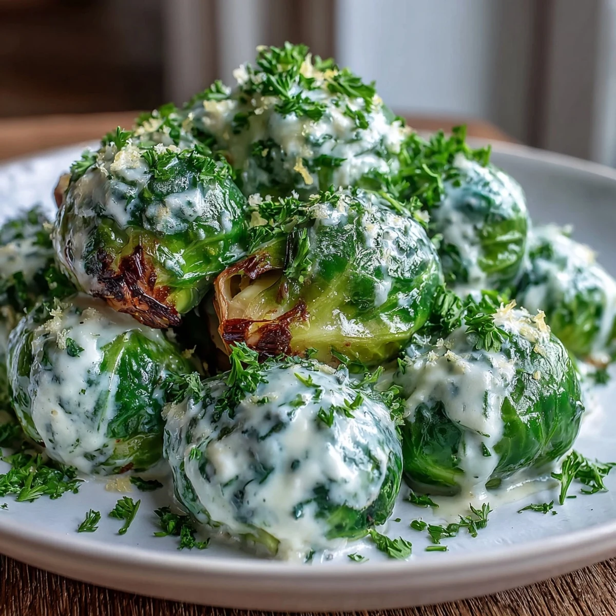 Roasted Brussels sprouts coated in a creamy Dijon mustard sauce, garnished with fresh parsley, served warm as a perfect vegetarian dinner side.