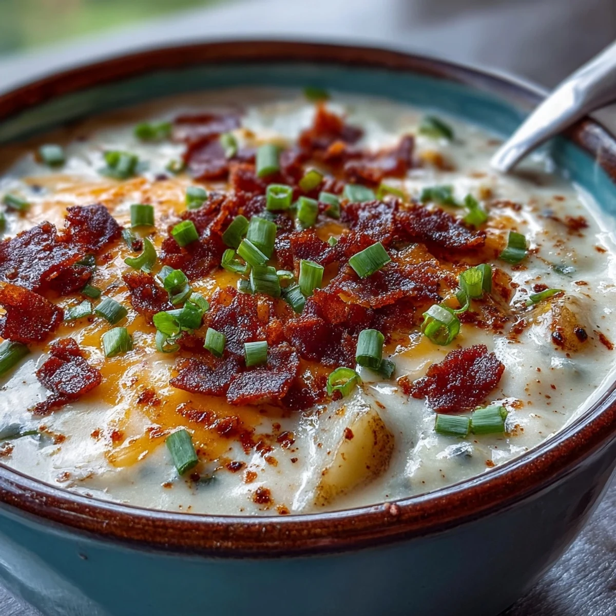 Creamy Loaded Potato Soup topped with crispy bacon, melted cheddar, and fresh green onions in a rustic bowl.