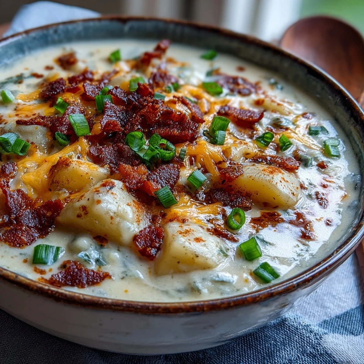 Hearty Loaded Potato Soup garnished with sour cream, sharp cheddar, and smoky bacon, ready for a cozy lunch or dinner.