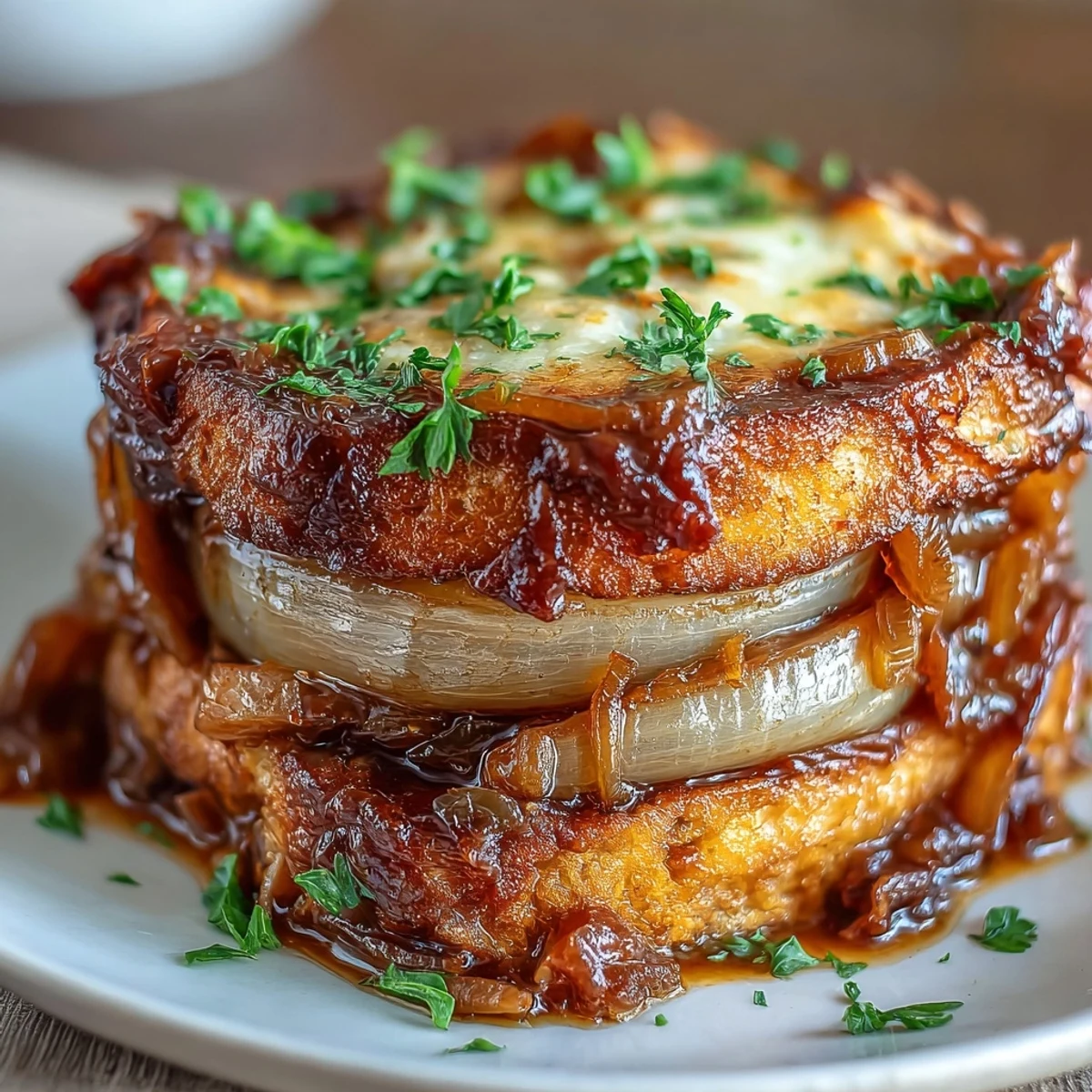 Savory Crock Pot French Onion Pot Roast features tender beef slices covered in melted Gruyere and rich caramelized onions.
