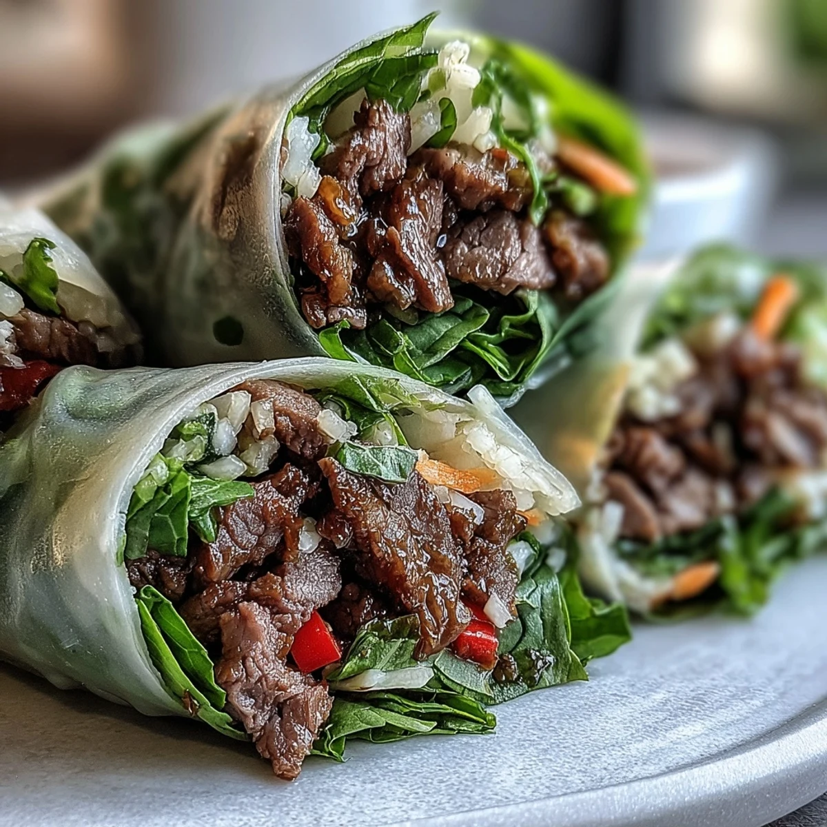 Thai Basil Beef Rolls are neatly wrapped in moist rice paper, revealing layers of crisp carrots, cucumbers, and jasmine rice inside.