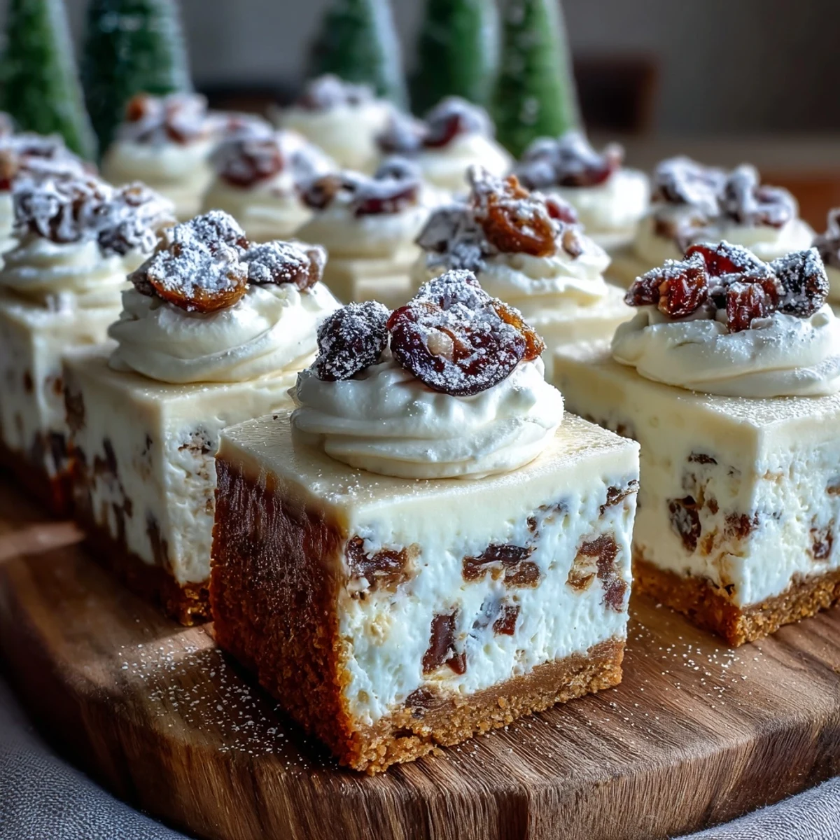 Festive Christmas Cheesecake Slab garnished with dried fruits on a holiday dessert table.