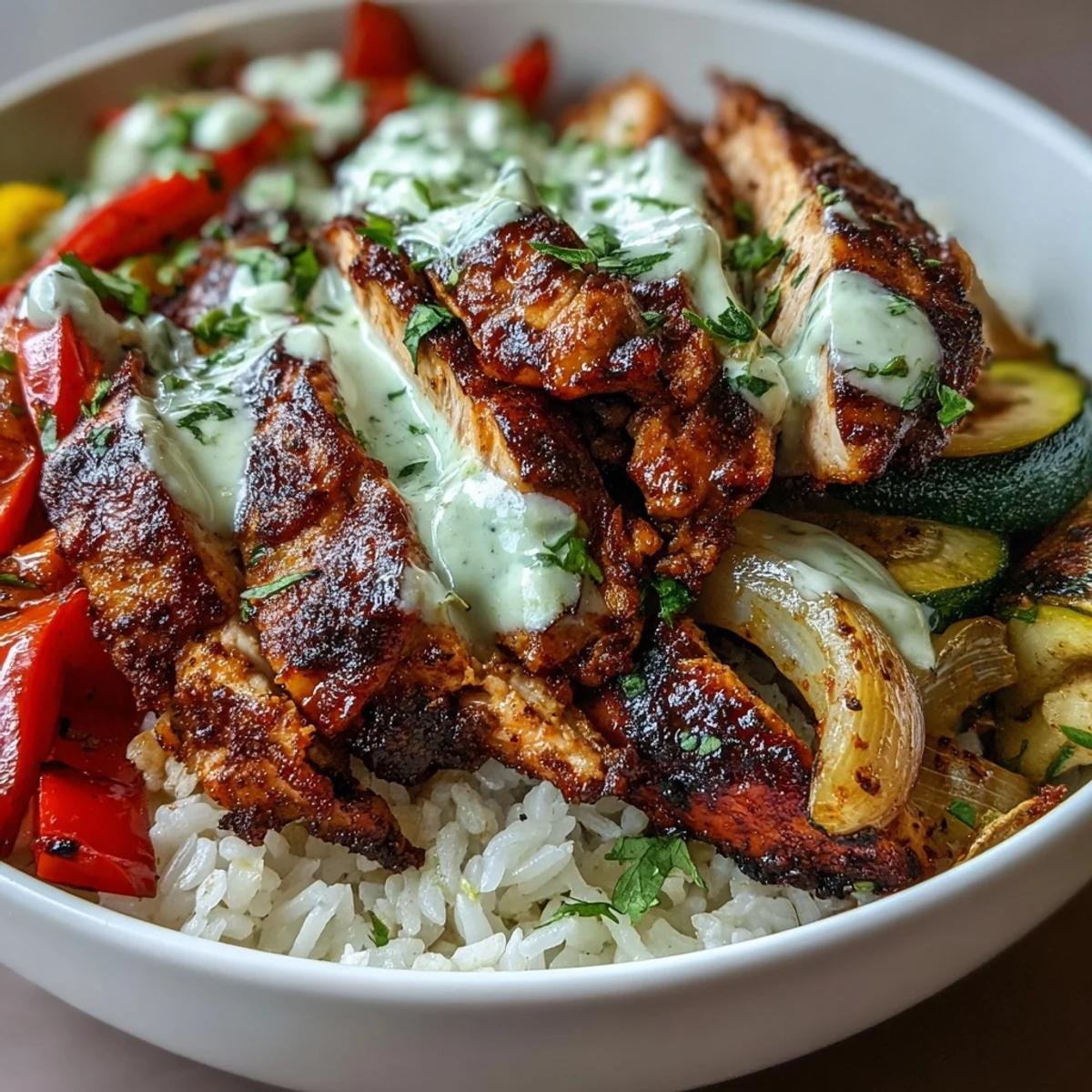 Perfectly blackened chicken slices rest on fluffy white rice, topped with colorful sautéed peppers, zucchini, and onions, all drizzled with creamy lime crema.