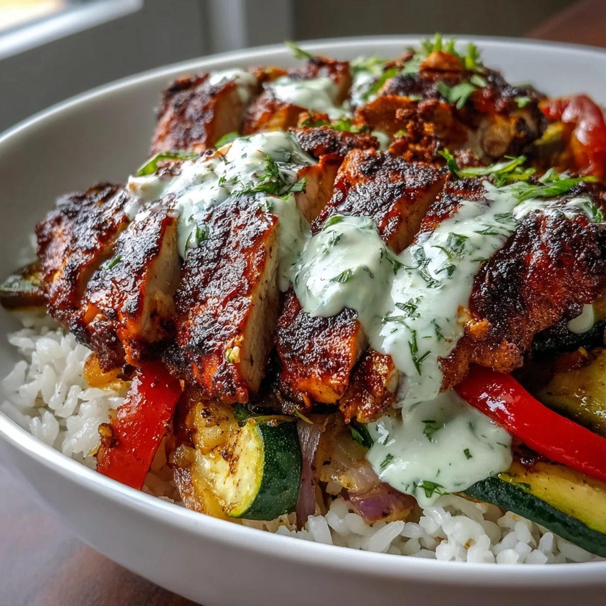 A finished Blackened Chicken Bowl featuring tender spiced poultry, vibrant mixed vegetables, and a fresh cilantro garnish ready for a satisfying dinner.
