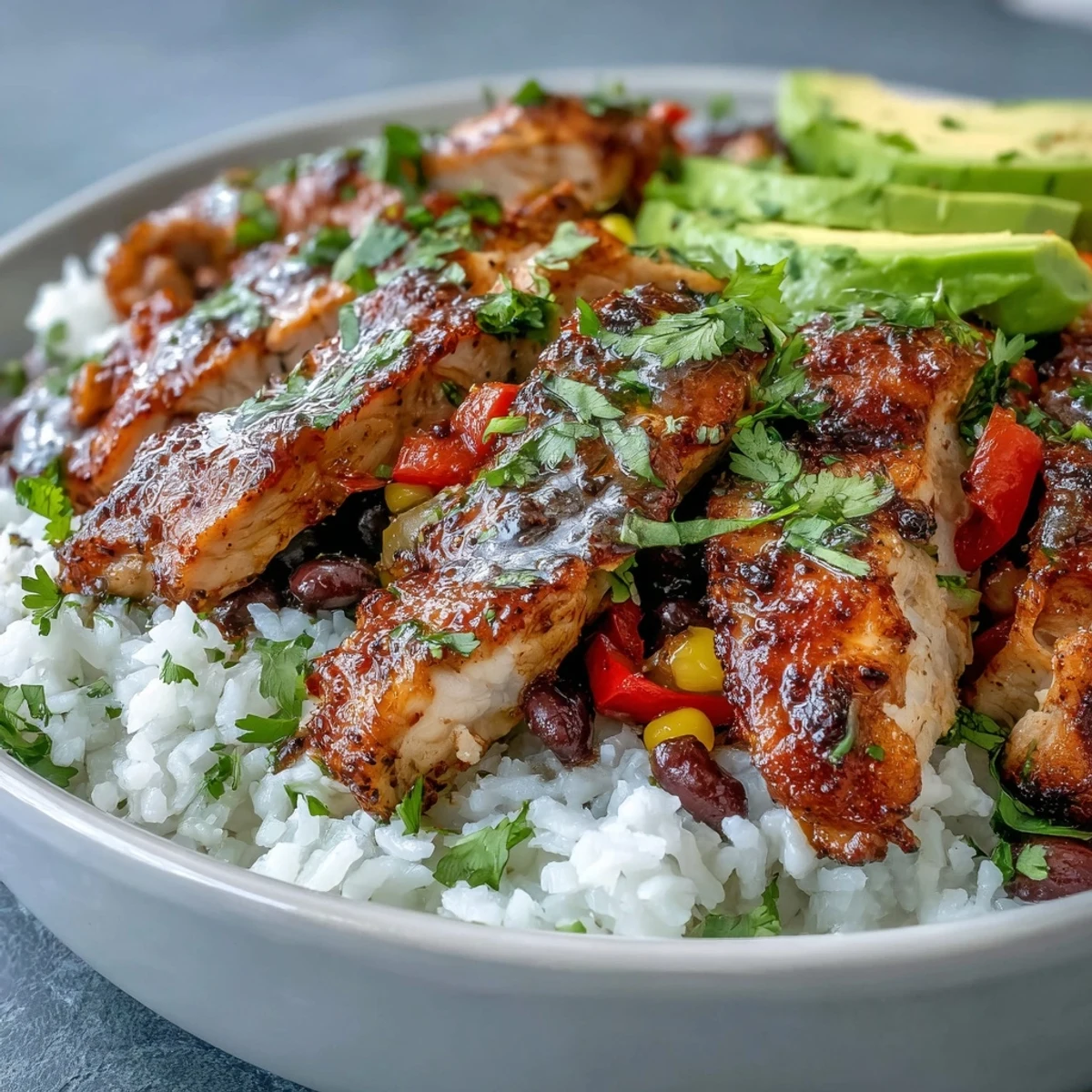 A vibrant Cajun Chicken Bowl with juicy spiced chicken, fluffy rice, black beans, corn, and diced bell peppers ready to serve.
