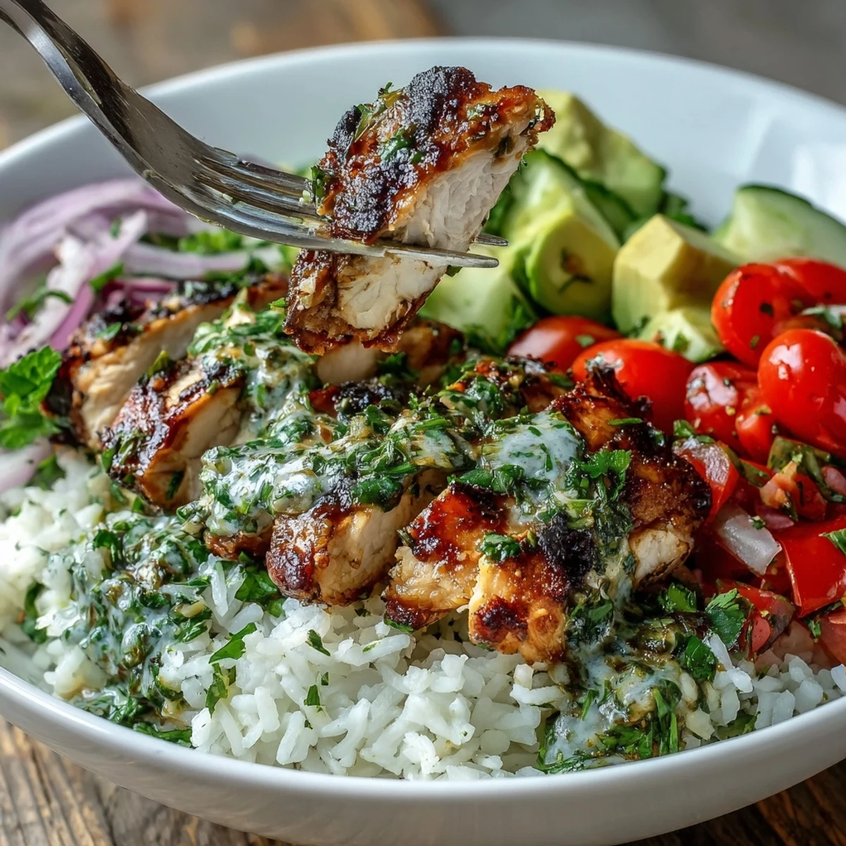 Grilled chimichurri chicken bowl with fluffy rice, sliced avocado, and fresh cherry tomatoes.