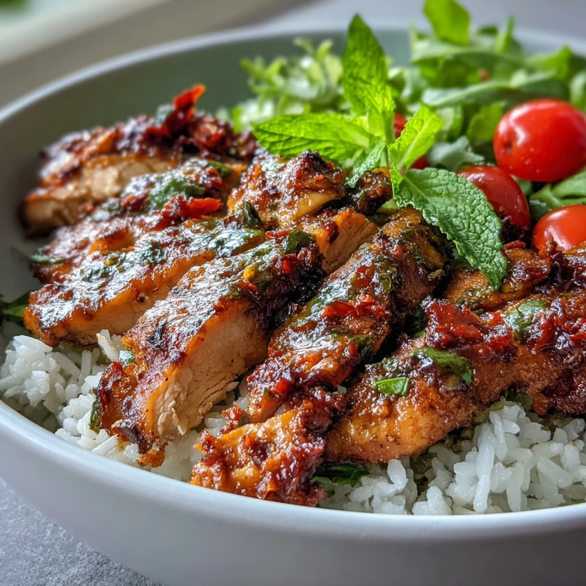 Juicy marinated chicken slices over fluffy rice and crisp greens, ready to serve this Sun-Dried Tomato Chicken Bowl.