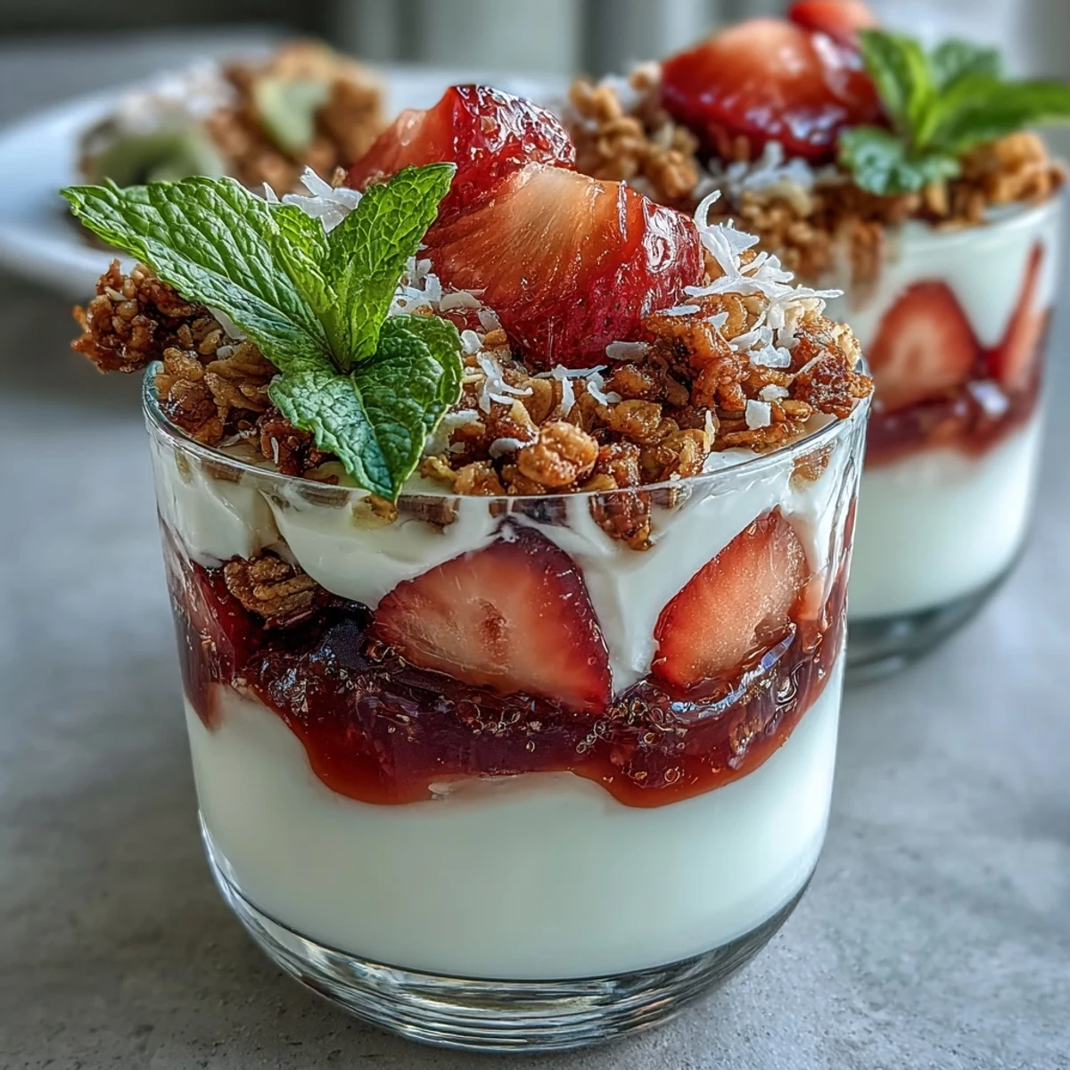 Creamy Greek yogurt and guava preserves layered with fresh strawberries and kiwi in a glass.