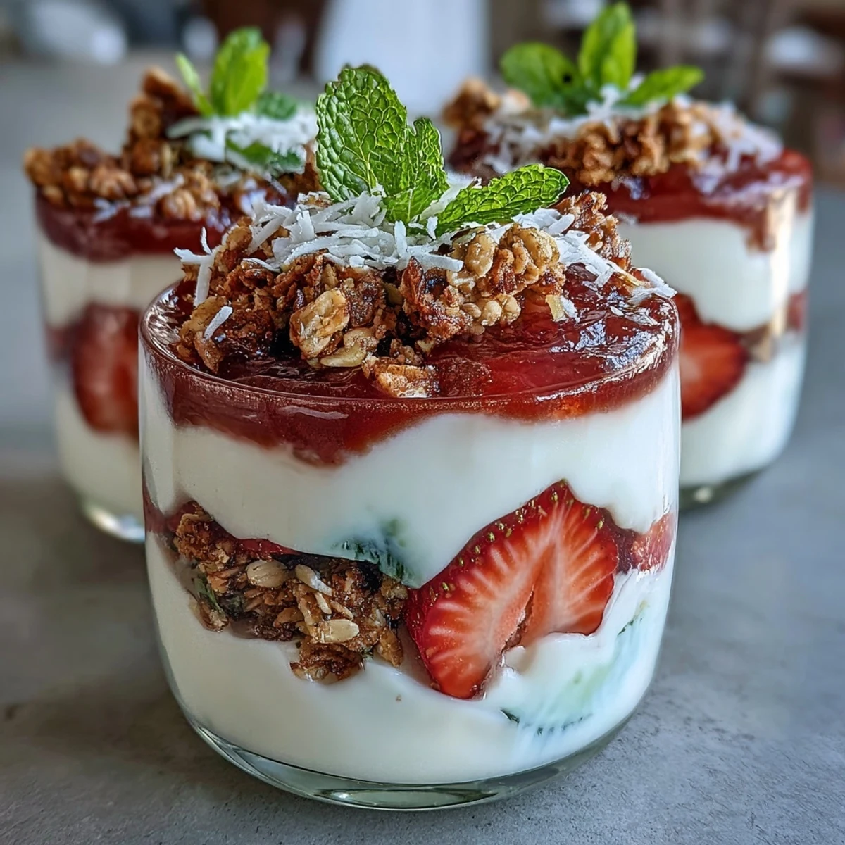 Clear glass jar showcasing layers of guava jam, Greek yogurt, strawberries, kiwi, and granola.