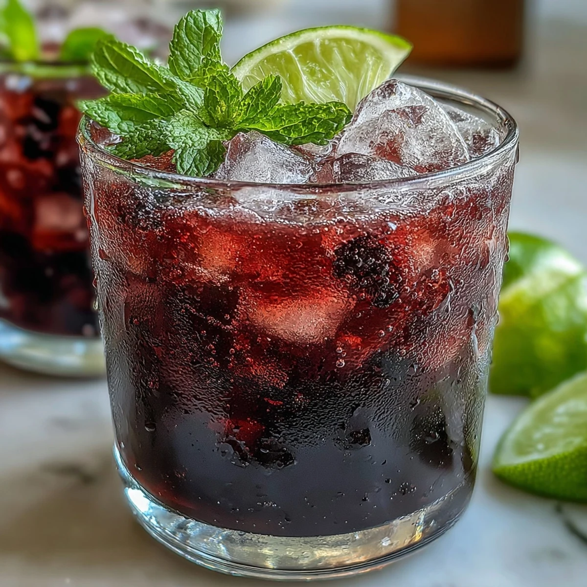 Close-up of a Black Currant Mojito featuring rum, muddled mint, and sparkling club soda over crushed ice.