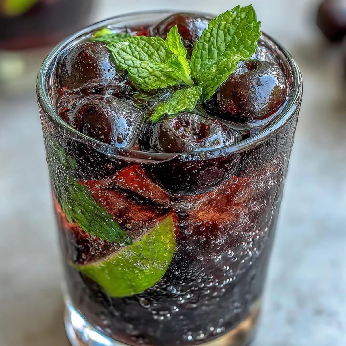 Refreshing Black Currant Mojito in a highball glass with soda water bubbles and fresh mint sprig garnish on top.