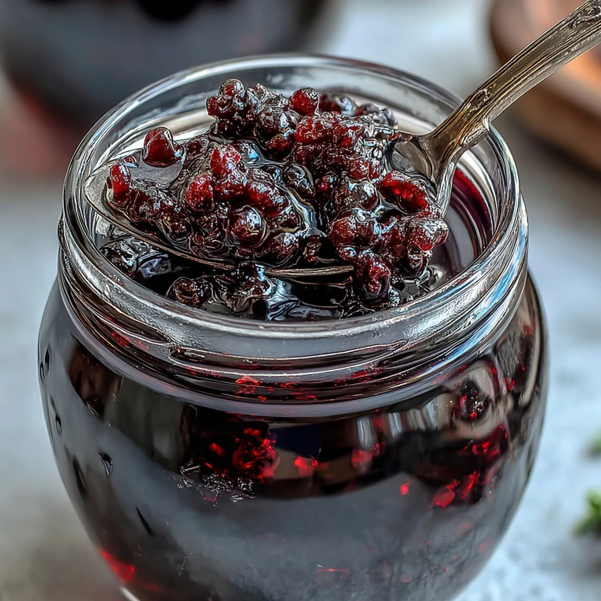 Fresh homemade Blackcurrant Vodka Liqueur in a glass carafe, featuring deep purple hues and ripe berries, ready to be served chilled.