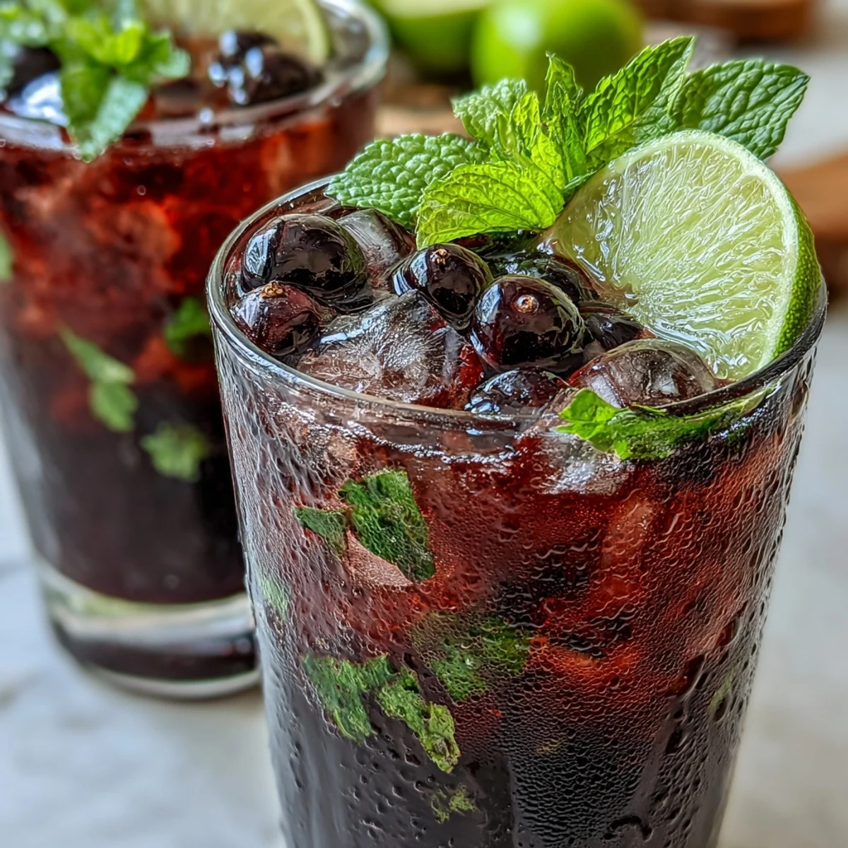 Garnished Tangy Blackcurrant Mojito with fresh mint, lime slices, and blackcurrants in a highball glass over ice.