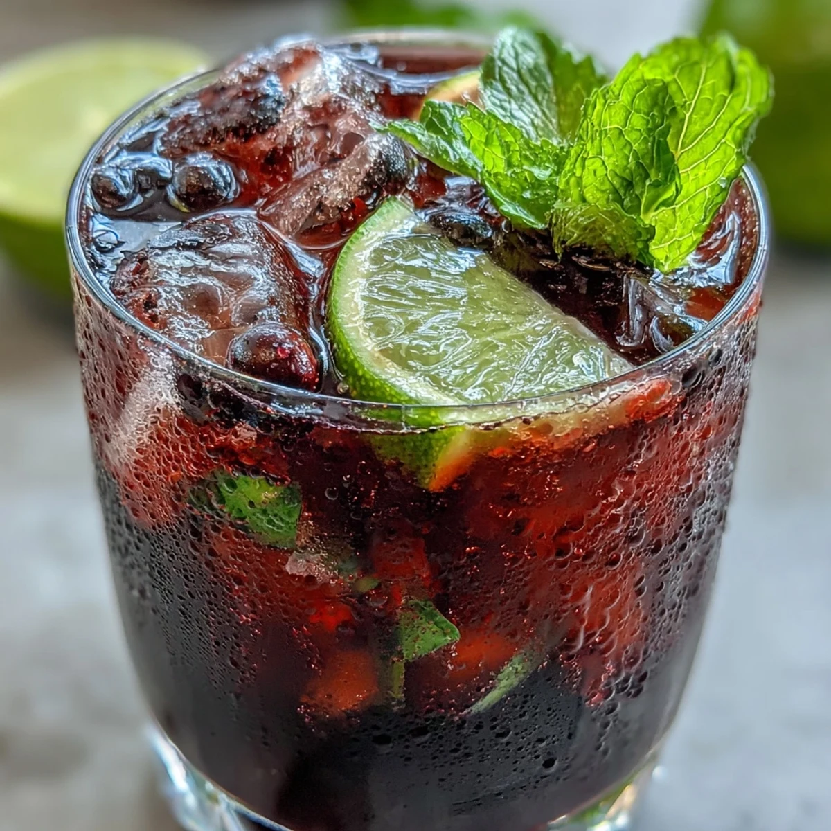 Tangy Blackcurrant Mojito being stirred with soda water, showcasing vibrant purple syrup and aromatic mint leaves.