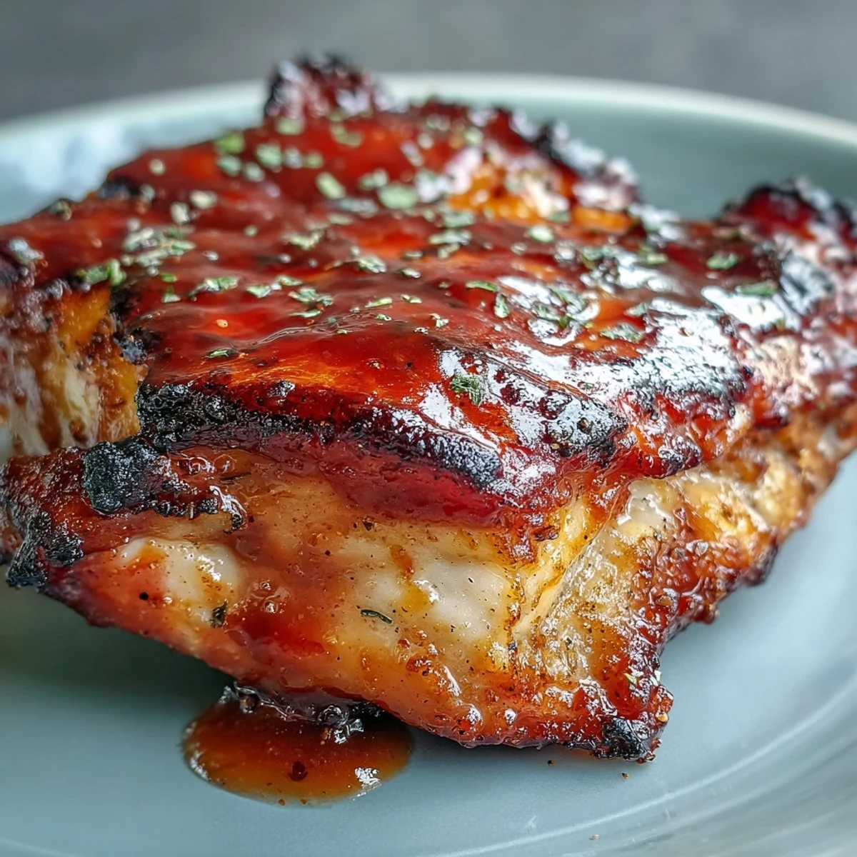Golden-brown roasted chicken thighs glazed with sticky guava BBQ sauce, garnished with fresh herbs and served over steamed rice.