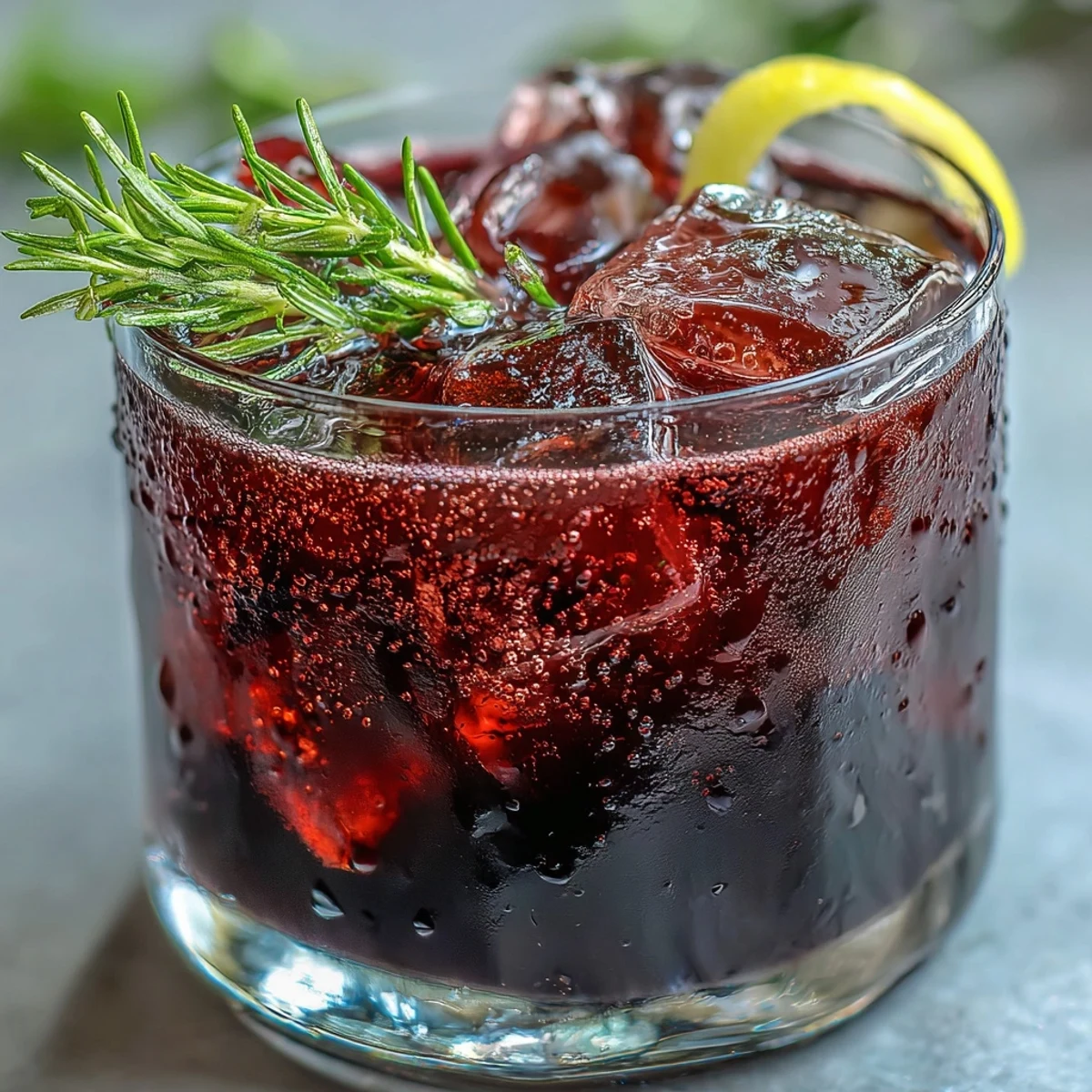 Homemade Black Currant Rosemary Cocktail served in a rocks glass with a lemon twist and ice, ready for a savory pairing.