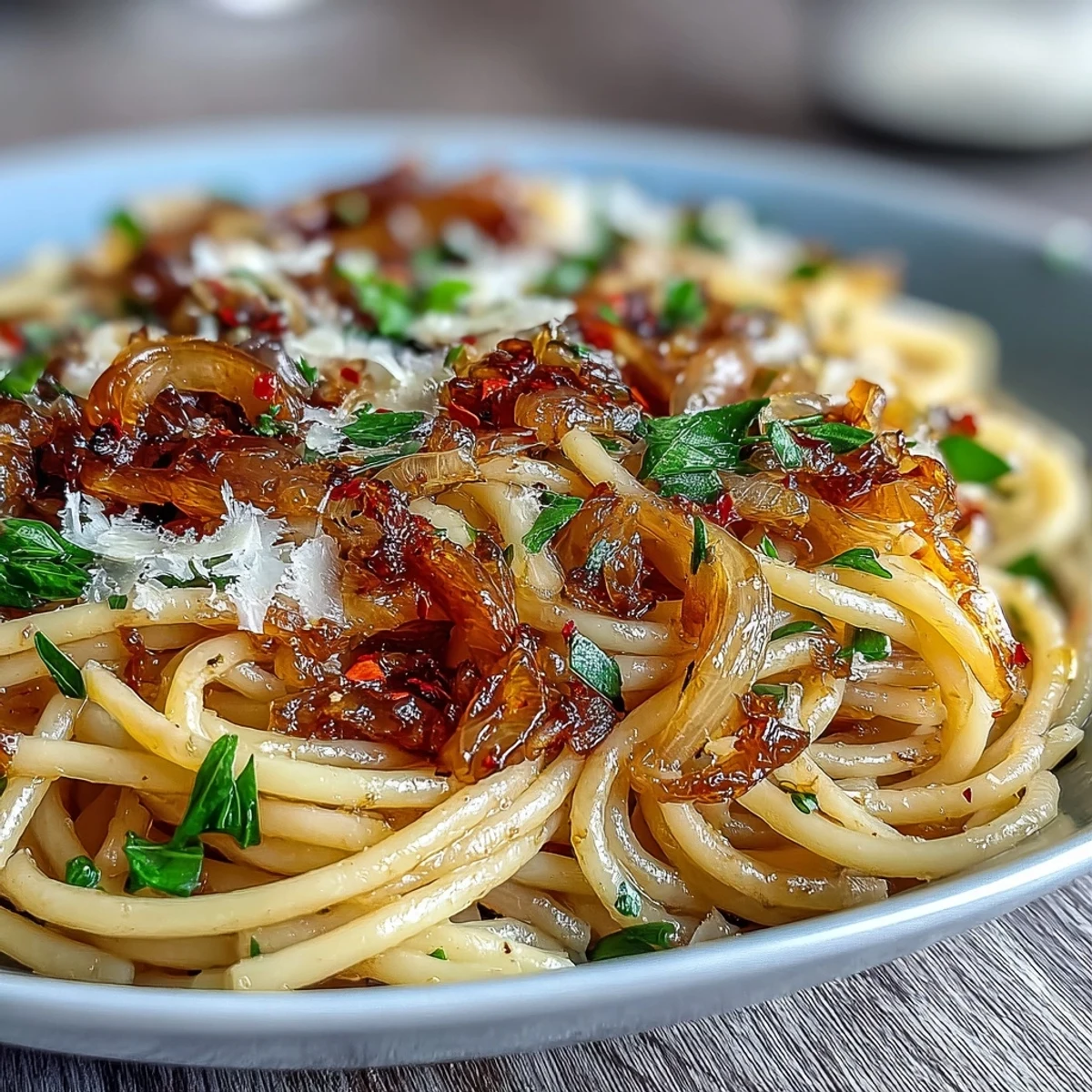 A close-up shows silky strands of pasta coated in rich chili oil, caramelized onions, and a sprinkle of Parmesan.
