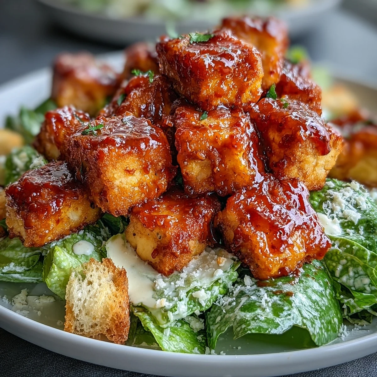 Golden, crispy tofu bites tossed in spicy buffalo sauce resting atop crunchy romaine and croutons in a Caesar salad.