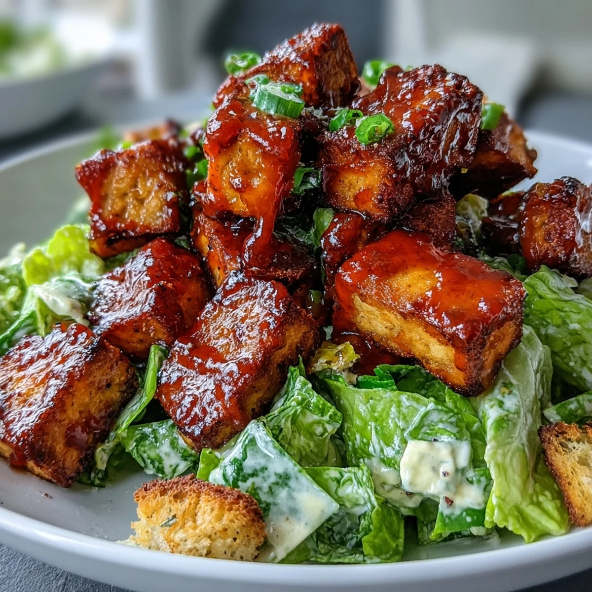 Savory Crispy Buffalo Tofu with Creamy Caesar Salad ready to serve, featuring vibrant greens and rich, zesty dressing.