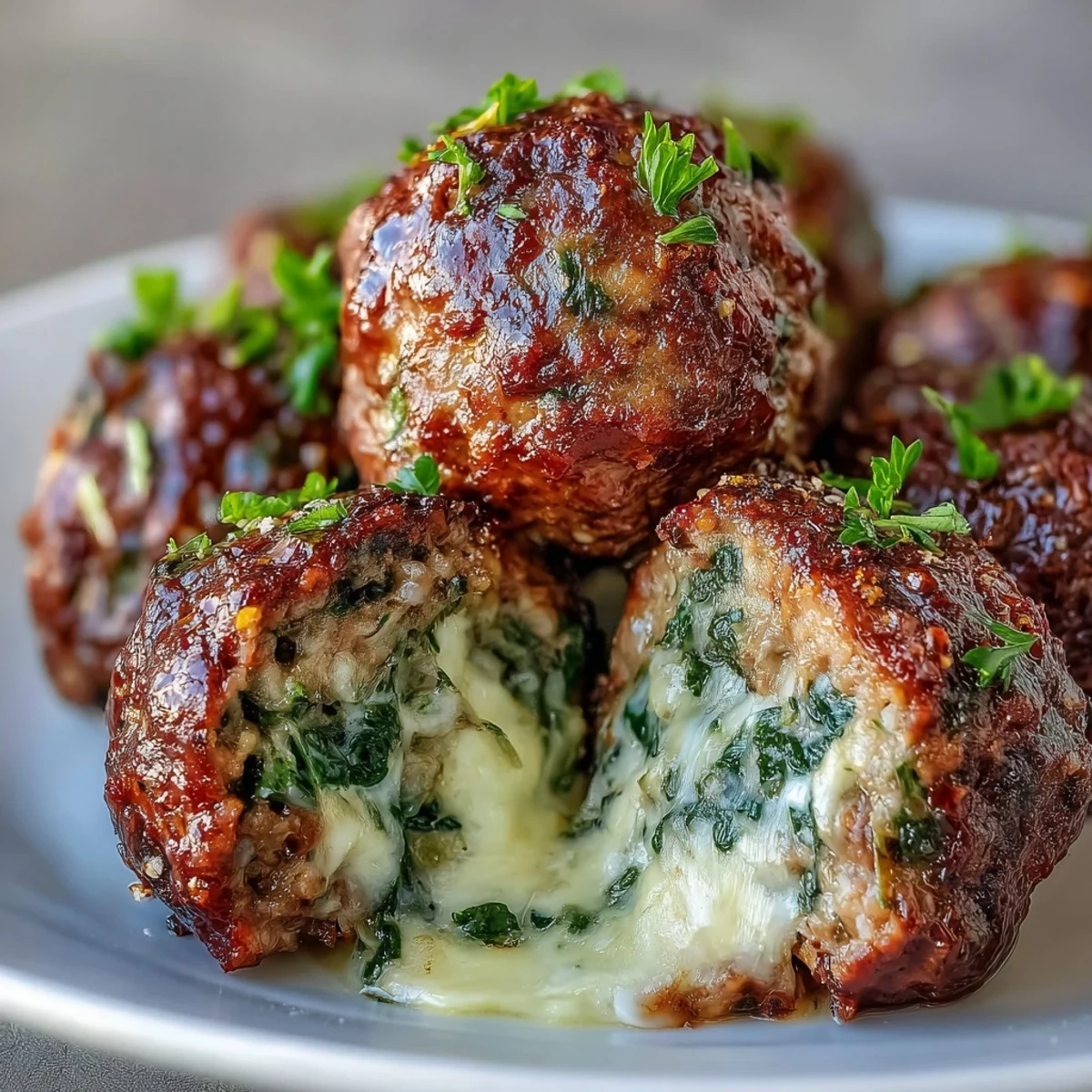 Spinach Garlic Meatballs with melted mozzarella centers served over a bowl of spaghetti and marinara sauce.