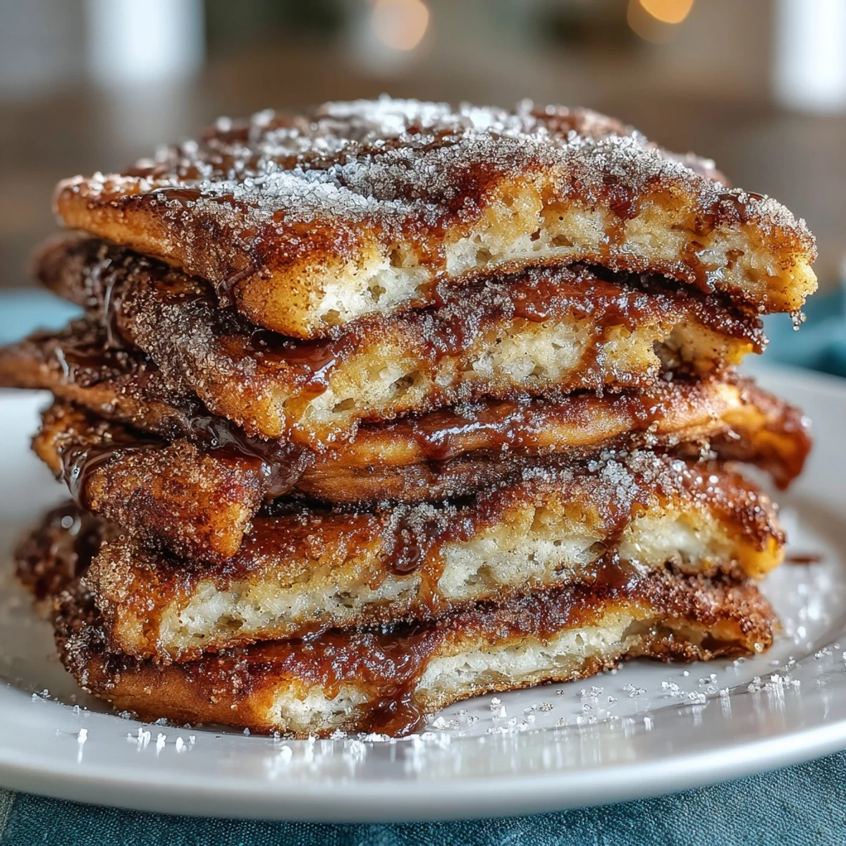 Fluffy Spanish Churro-Inspired Pancakes cooking in a skillet, revealing crispy golden edges and a warm, aromatic cinnamon aroma.