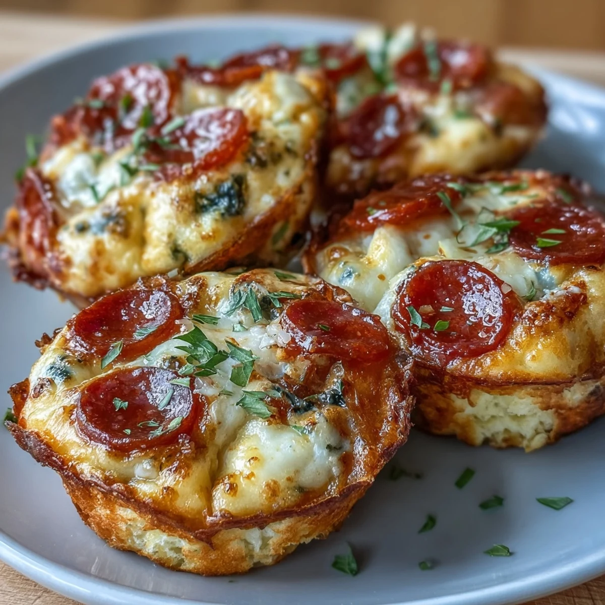 A close-up view of High-Protein Pepperoni Breakfast Cups arranged on a white plate with a side of vibrant pizza sauce.