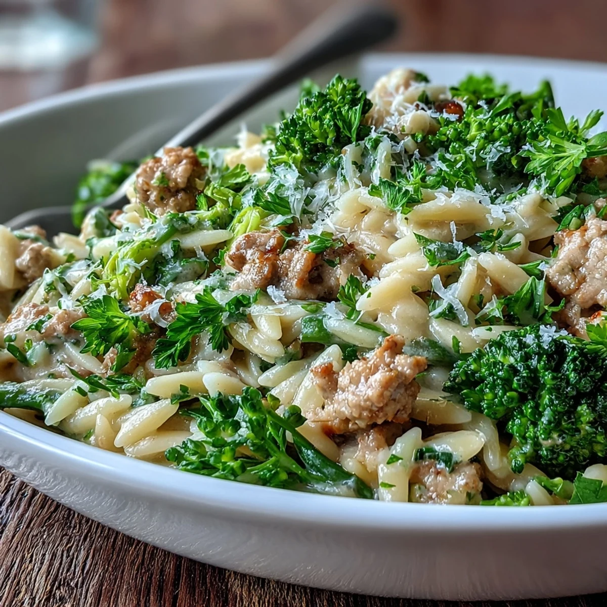 Close-up of Creamy Garlic Turkey & Broccoli Orzo, showcasing al dente orzo coated in a rich, garlicky sauce with turkey.