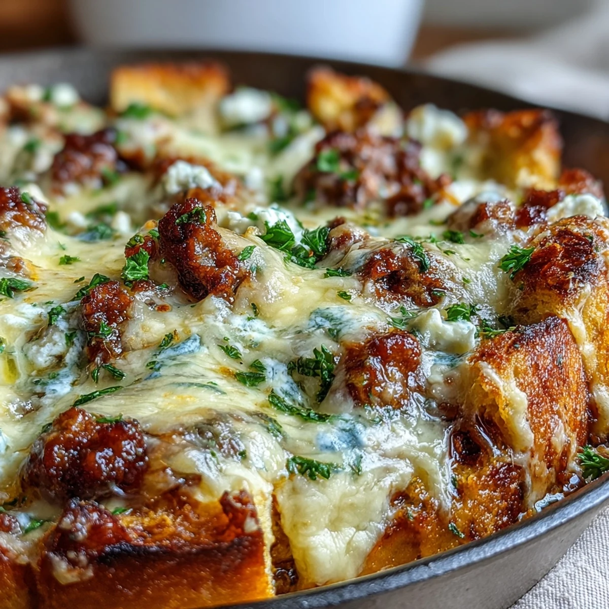 A spoon serves generous portions of the Cheesy Garlic Bread Lasagna Skillet onto a plate with fresh basil.