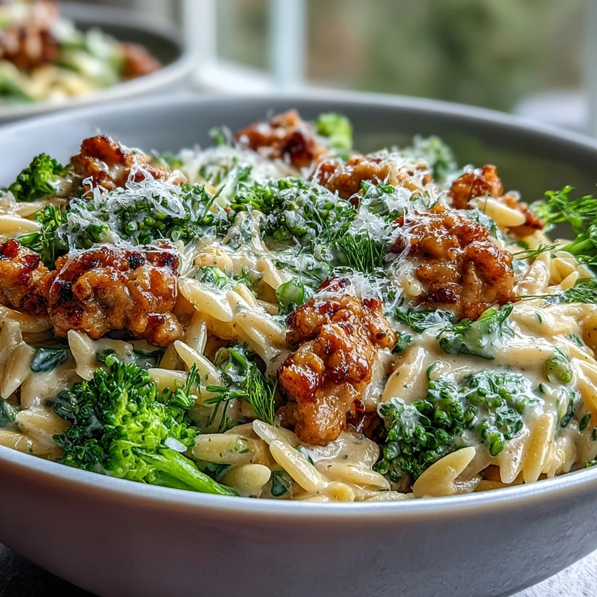 Creamy Garlic Turkey & Broccoli Orzo served hot in a skillet, topped with grated Parmesan and lemon zest for a bright finish.