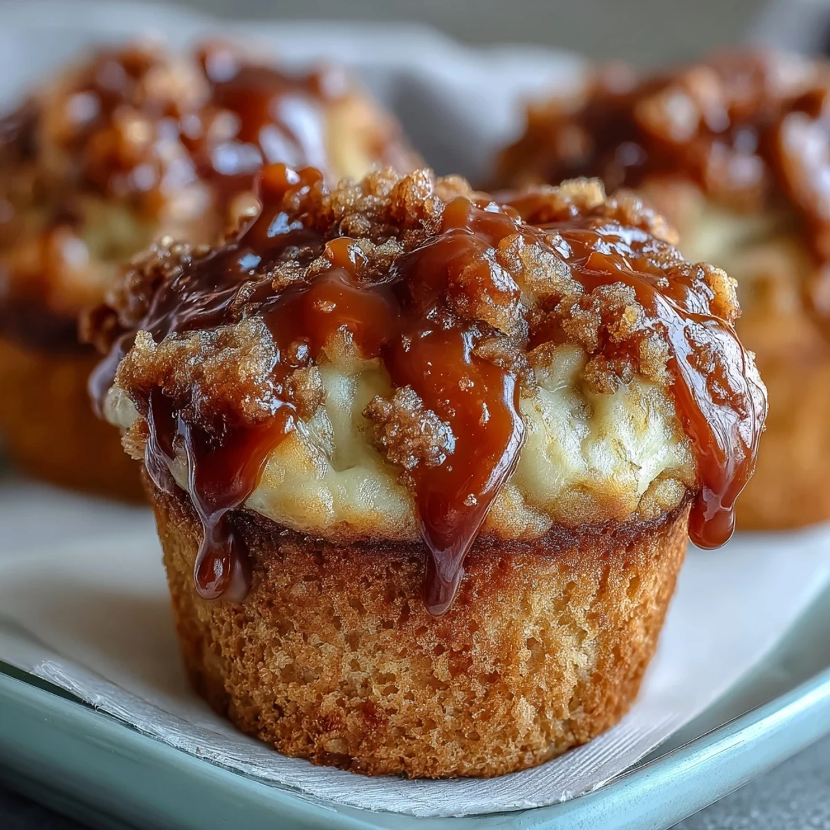 Warm Caramel Cream Cheese Swirl Muffins feature a moist banana base, revealing rich swirls of cream cheese filling when broken open.