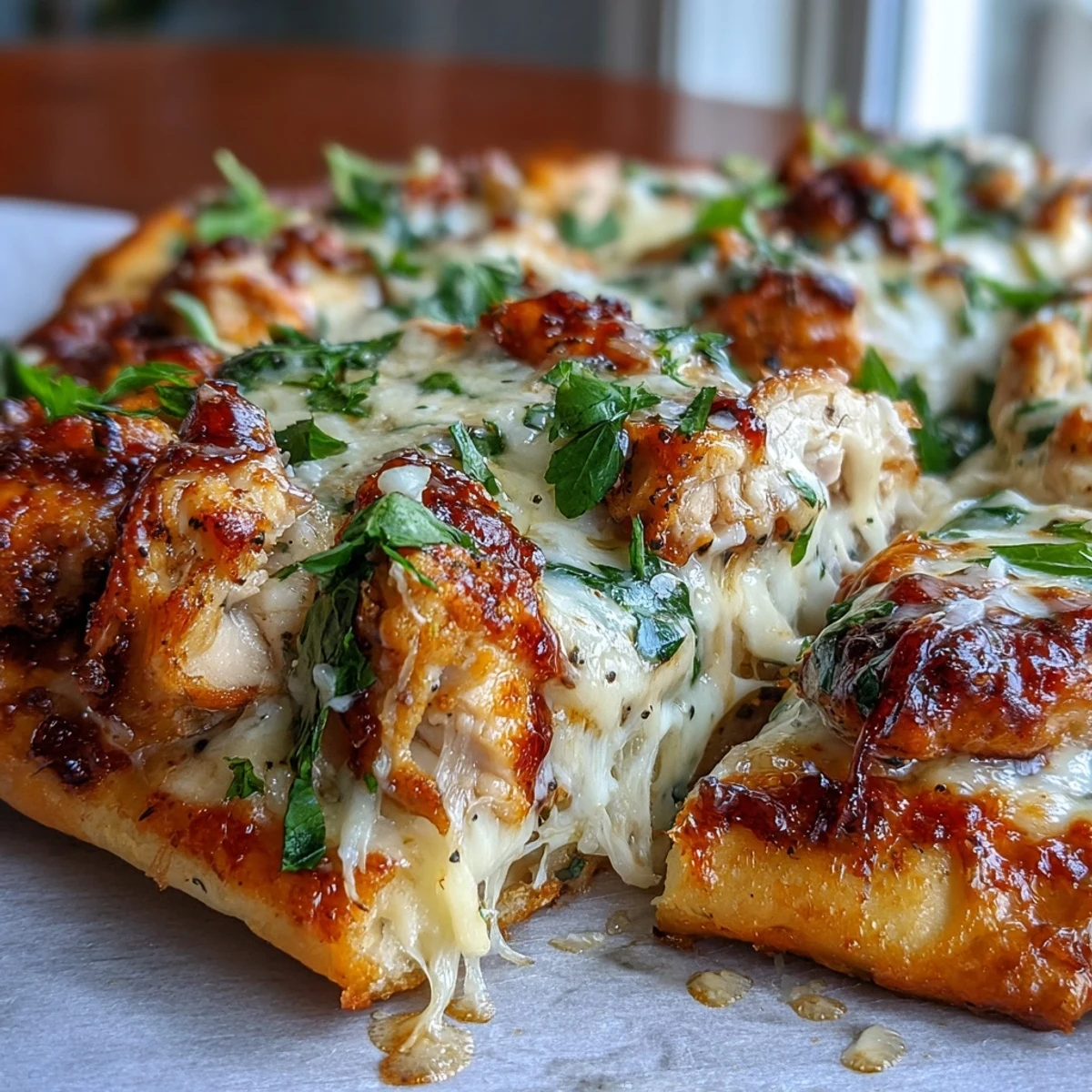 Crispy-edged Garlic Naan Chicken Caesar Pizzas feature juicy shredded chicken, tangy Caesar sauce, and a blanket of gooey mozzarella, ready to slice and serve.
