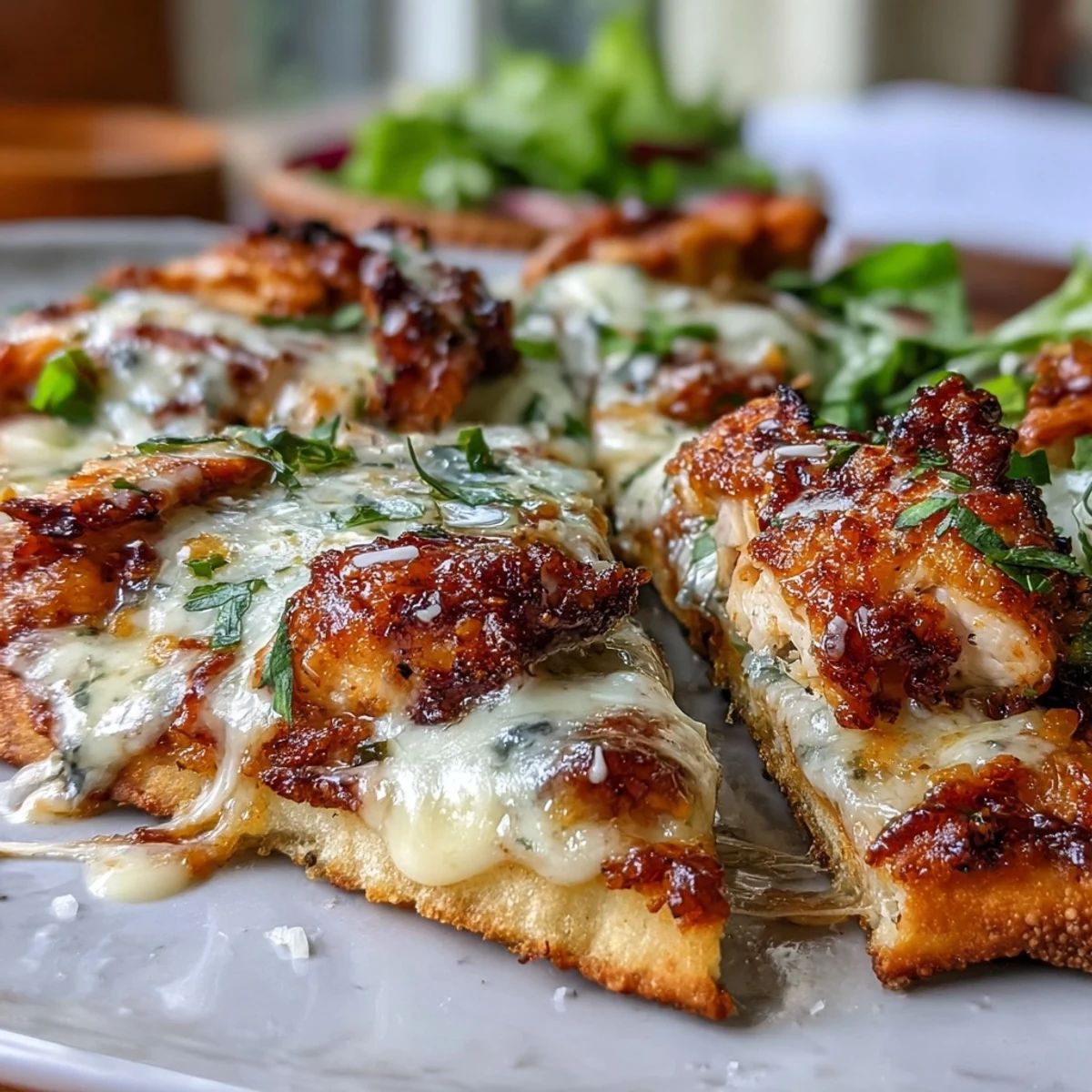 Freshly chopped romaine and creamy Caesar dressing crown cheesy Garlic Naan Chicken Caesar Pizzas served warm on a golden-brown naan crust.