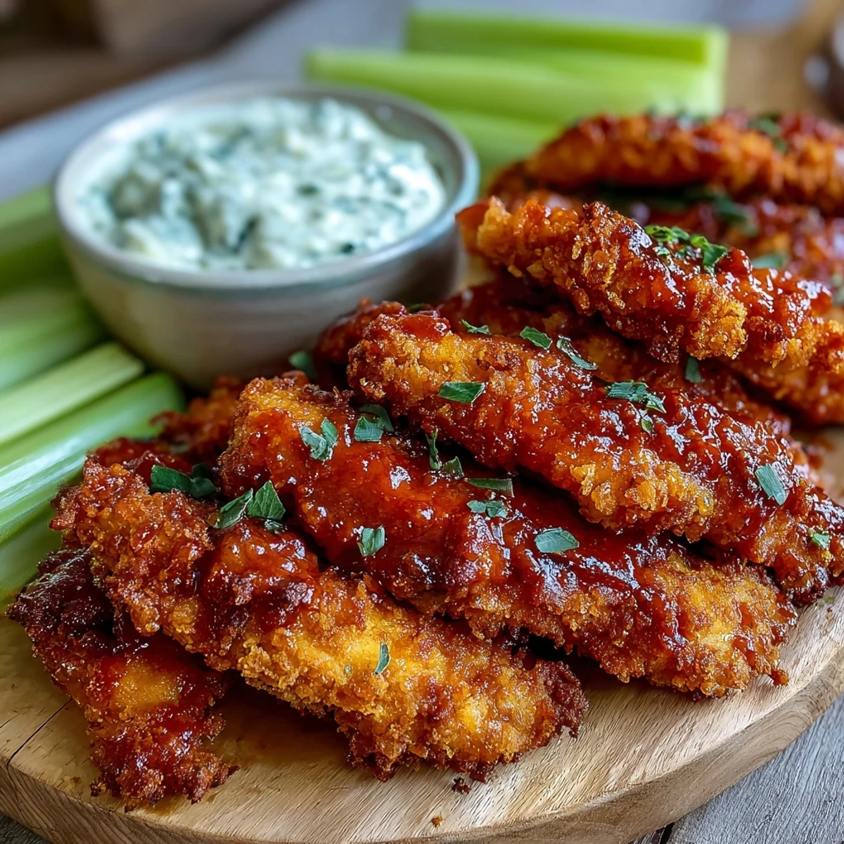 Golden brown keto Buffalo Ranch Chicken Tenders with celery sticks and creamy dip.