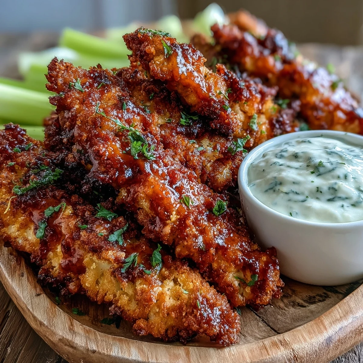Spicy buffalo sauce coats tender baked chicken tenders served with crunchy celery.