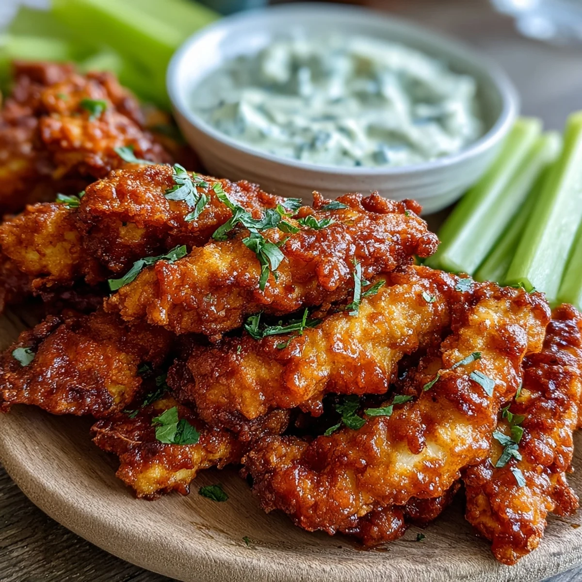 Low carb crispy chicken tenders tossed in tangy buffalo sauce and ranch dip.